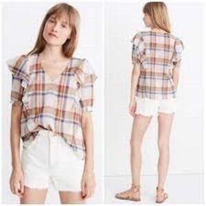 Madewell Plaid Short Sleeve V Neck Lightweight Shoulder Ruffle Top Small